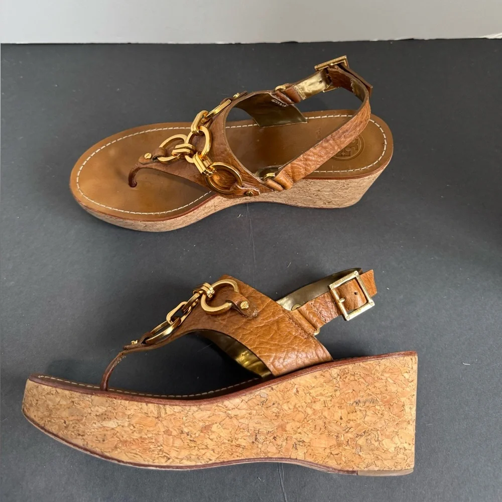 Tory Burch Gold Link Chain Thong Leather Sandals. Size 7.5M - Picture 2 of 12